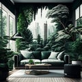 Urban jungle in trendy living room interior with white couch Royalty Free Stock Photo