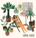 Urban Jungle. Vector illustration with trendy home decor. Houseplants, tropical leaves.