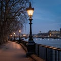 Urban lamp post by tranquil water, suitable for cityscape themes Royalty Free Stock Photo