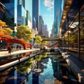 Urban Landscape with Bridges Reflected in Glass Buildings