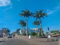 Urban landscape in the city center with coconut trees and buildings