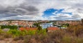 Urban landscape of the city of Mirandela in the north of Portugal. Panoramic view of the banks of the river Tua with the tradition