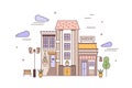Urban landscape or cityscape with facades of living building and bakery. Street view of city district with elegant house