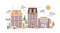 Urban landscape or cityscape with facades of stylish residential buildings. Street view of city district with elegant