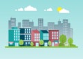 Urban landscape with colorful buildings. Flat design with a small park in the cityscape. Vector Illustration