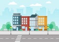 Urban landscape with colorful buildings, street, and crosswalk. Flat design with a small park in the cityscape. Vector
