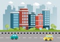 Urban landscape with colorful buildings, streets, and cars. Flat design with a small park in the cityscape. Vector Illustration