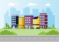 Urban landscape with colorful buildings and streets. Flat design with a small park in the cityscape. Vector Illustration