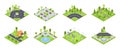 Urban landscape 3d tiles. Isometric street road, city park environment, road signs and street gardening three dimensional vector