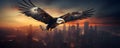 Urban landscape with digitally created eagle soaring through the sky above. Concept Urban Landscape, Eagle, Sky, Digital Art, Royalty Free Stock Photo