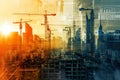 An urban landscape dominated by tall buildings and cranes in active construction, Illustration of a construction site superimposed Royalty Free Stock Photo