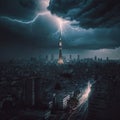 a dark city skyline under a lightning storm on the horizon