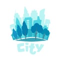 Urban landscape in flat style. City skyline vector illustration. Blue city silhouette icon. Urban life. City background.