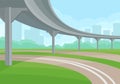 Urban landscape with overpass, road and green grass, high-rise buildings and bushes on background. Flat vector design Royalty Free Stock Photo