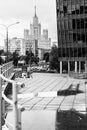 Monochrome urban landscape on rainy day. View from the yard of the modern business centre, Moscow, Russia. Royalty Free Stock Photo