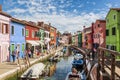 The urban landscape on the island of Burano with bright colorful buildings, Venice