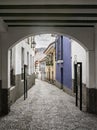 Urban landscape of Jaen street, a colonial cobbled street with colorful houses in La Paz,