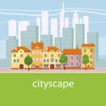 Urban landscape with large modern buildings and suburb with private houses. Concept city and suburban life. Vector