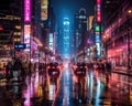 Urban landscape in modern city with neon shop windows during the rain, people under umbrellas