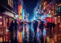 Urban landscape in modern city with neon shop windows during the rain, people under umbrellas