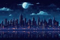 Urban landscape of modern night city with moon and stars, pixel art illustration Royalty Free Stock Photo