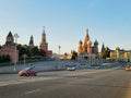 Urban landscape of Moscow during the day. View of the Red Square, the Kremlin and the roadway from the Bolshoy Moskvoretsky Bridge