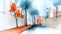 Urban Landscape Sketch with Vibrant Colors and Trees in a Modern Design Setting Royalty Free Stock Photo