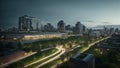 An urban landscape with smart streetlights, green rooftops, and energy-efficient buildings