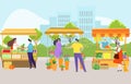 Urban landscape street natural organic farming market, character farmer sell grown vegetable and flower flat vector Royalty Free Stock Photo