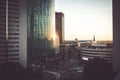 Urban landscape at sunrise/sunset with glass business buildings. Financial district