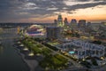 Urban landscape USA. Downtown district of Cincinnati in Ohio state at night. American city skyline with brightly Royalty Free Stock Photo