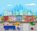 Urban landscape vector illustration with modern city skyscrapers and suburban buildings, urbanisation concept. Cityscape Royalty Free Stock Photo