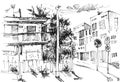 Urban landscapes in hand drawn ink line style. Old city street sketch on white background. illustration Royalty Free Stock Photo