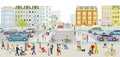 Urban life in the residential district and road traffic, pedestrians and families in leisure time, illustration