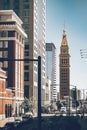 Urban lifestyle in the Denver city of Colorado state. Downtown district on a sunny day with beautiful sky. Amazing buildings in Royalty Free Stock Photo