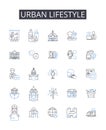 Urban lifestyle line icons collection. Rural living, Cosmopolitan vibe, Metropolitan culture, Fast-paced routine, Modern