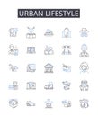 Urban lifestyle line icons collection. Rural living, Cosmopolitan vibe, Metropolitan culture, Fast-paced routine, Modern