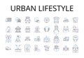 Urban lifestyle line icons collection. Rural living, Cosmopolitan vibe, Metropolitan culture, Fast-paced routine, Modern