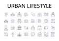 Urban lifestyle line icons collection. Rural living, Cosmopolitan vibe, Metropolitan culture, Fast-paced routine, Modern