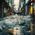 Urban littering shopping district strewn with discarded packaging and waste