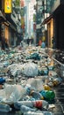 Urban littering shopping district strewn with discarded packaging and waste