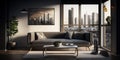 Urban living room interior design with a cityscape view. Generative AI Royalty Free Stock Photo