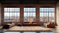 Urban loft interior with panoramic city views. Large windows, brown leather sofas, and a stylish rug Royalty Free Stock Photo