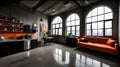 Urban Loft Living: Industrial-Inspired Decor in Shades of Concrete Gray, Rusty Orange, and Matte Black. Selective focus