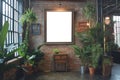 Urban loft space with lush greenery and blank canvas on brick wall, industrial charm meets nature. Vintage decor and Royalty Free Stock Photo