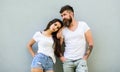 Urban loving couple. Couple in love hang out together grey wall background. Couple stylish young modern people. Couple Royalty Free Stock Photo