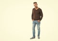 urban mature man with trendy menswear for everyday life, banner. handsome man in a casual menswear in studio. well