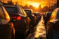 Urban metropolis traffic jam. cars stuck in rush hour highway gridlock at sunset Royalty Free Stock Photo