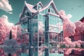 Urban mirror house, architecture design aesthetics, glass details. dreamy sky background, Generative AI