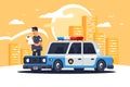 Urban modern sedan police car with policeman for protection of people on background of city. Royalty Free Stock Photo